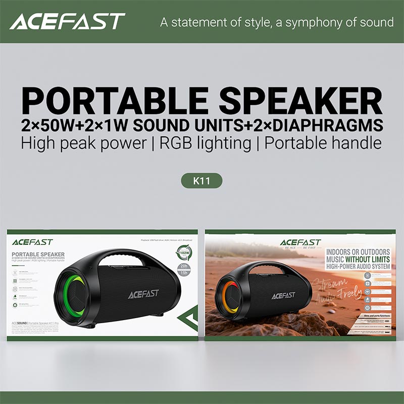 Акустика ACEFAST portable speaker K11 Pro IPX5 |BT6.0, TF/FM/AUX/TWS, 102W, 20h, EQ| black (6974316286646) Чорний на малюнкі №4