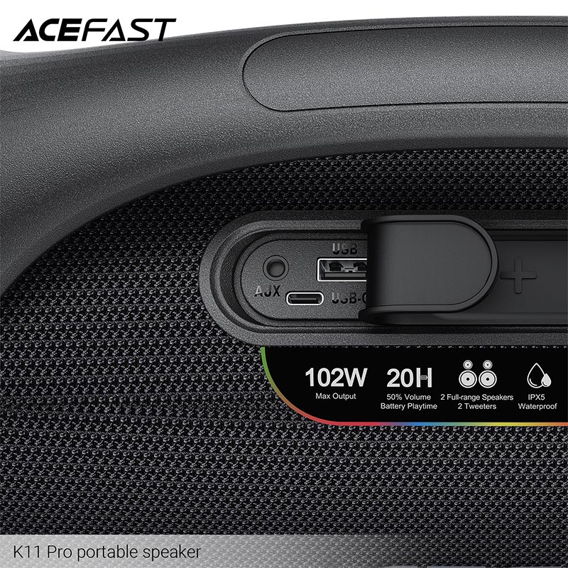 Акустика ACEFAST portable speaker K11 Pro IPX5 |BT6.0, TF/FM/AUX/TWS, 102W, 20h, EQ| black (6974316286646) Чорний на малюнкі №7