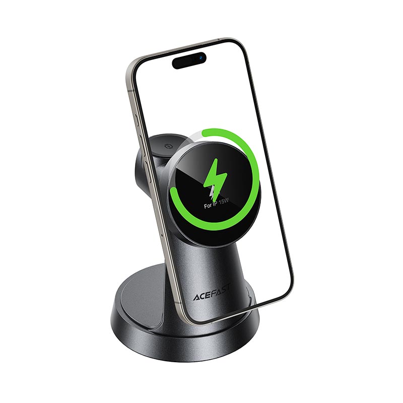 Зарядка Qi ACEFAST 15W 3-in-1 wireless charging desktop stand E48 |22.5W Total| grey (6974316287148) Сірий на малюнкі №7