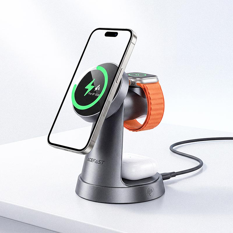 Зарядка Qi ACEFAST 15W 3-in-1 wireless charging desktop stand E48 |22.5W Total| grey (6974316287148) Сірий на малюнкі №8
