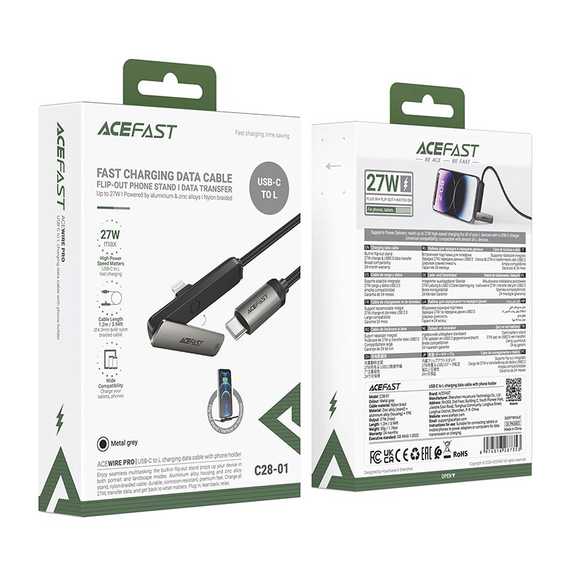 Кабель ACEFAST USB-C to Lightning charging data cable with phone holder C28-01 |1.2m, 27W| metal-grey (6974316287353) Серый на картинке №3