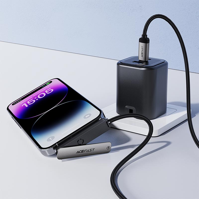 Кабель ACEFAST USB-C to Lightning charging data cable with phone holder C28-01 |1.2m, 27W| metal-grey (6974316287353) Серый на картинке №7