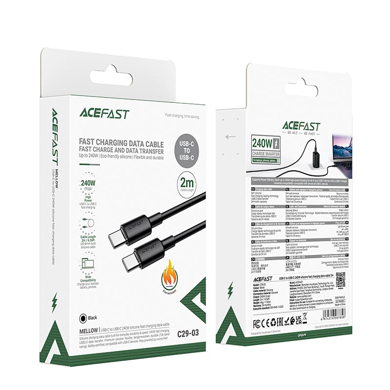 Кабель ACEFAST USB-C to USB-C silicone fast charging data cable C29-03 |2m, 240W| black (6974316287858) Черный на картинке №3