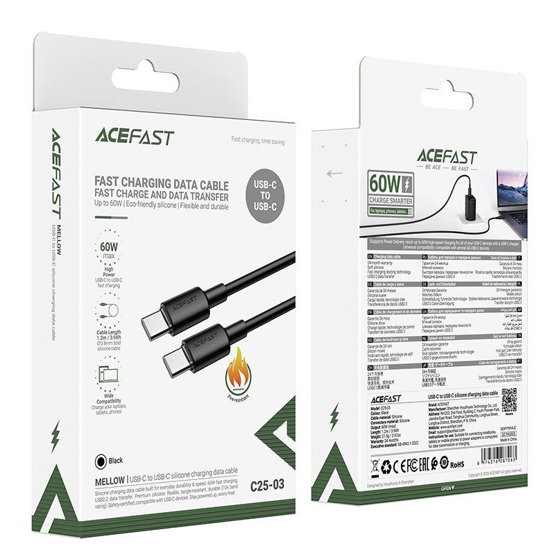 Кабель ACEFAST USB-C to USB-C silicone charging data cable C25-03 |1.2m, 60W| black (6974316287063) Черный на картинке №3