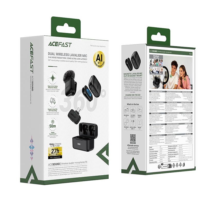 Мікрофон ACEFAST wireless lavalier microphone R6 |Type-C, 2mic, AI noise reduction, 4/27h, 50m, 50/400mAh| black (6974316287872) Чорний на малюнкі №3