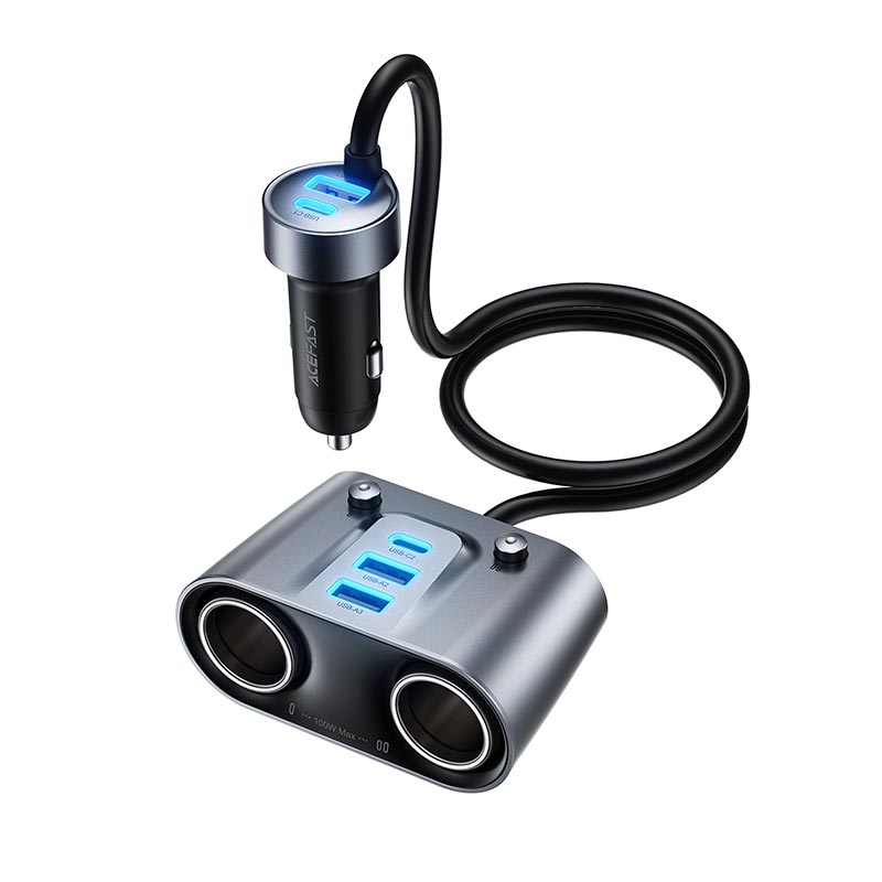 Адаптер автомобильный ACEFAST 152W 2-in-1 Car Charger(2C+3A + Dual Cig Lighter) B22 grey (6974316287179) Серый на картинке №1