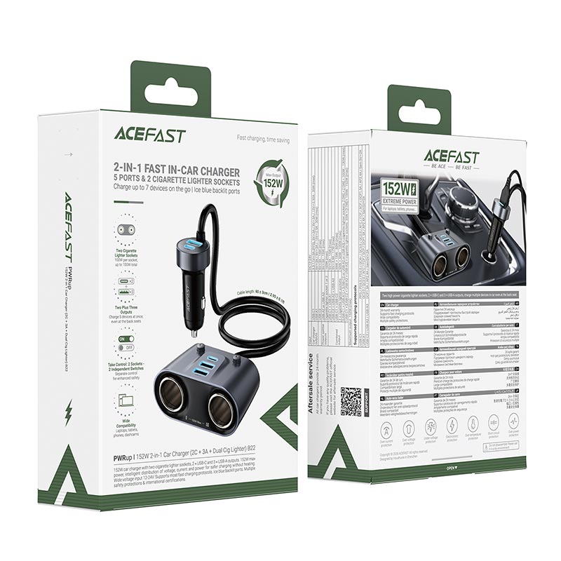Адаптер автомобильный ACEFAST 152W 2-in-1 Car Charger(2C+3A + Dual Cig Lighter) B22 grey (6974316287179) Серый на картинке №3
