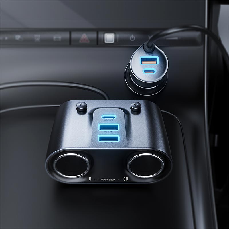 Адаптер автомобильный ACEFAST 152W 2-in-1 Car Charger(2C+3A + Dual Cig Lighter) B22 grey (6974316287179) Серый на картинке №5