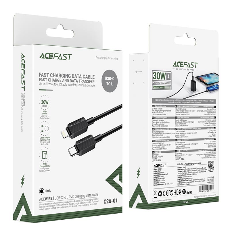 Кабель ACEFAST USB-C to Lightning PVC charging data cable C26-01 |1.2m, 30W| black (6974316287087) Черный на картинке №3