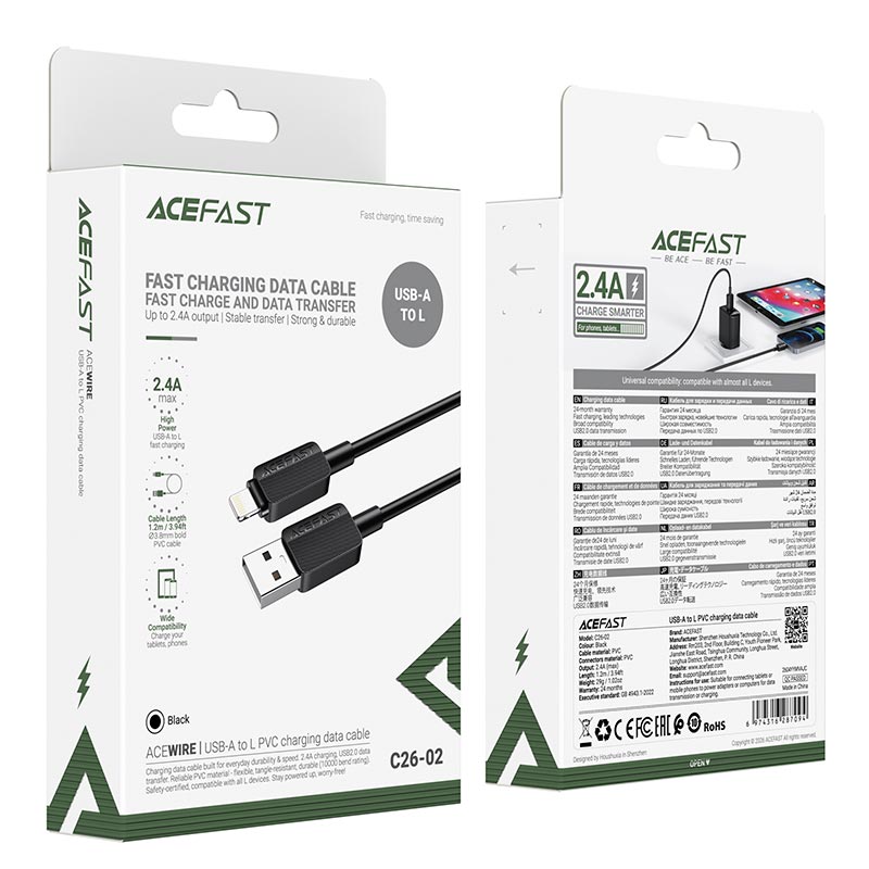 Кабель ACEFAST USB-A to Lightning PVC charging data cable C26-02 |1.2m, 2.4A| black (6974316287094) Черный на картинке №3