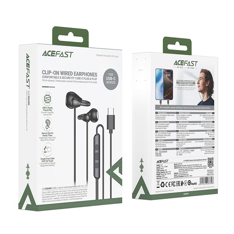Навушники ACEFAST USB-C clip-on wired earphones with mic L16 |1.2m, 10mm, 16Ω| black (6974316287896) Чорний на малюнкі №3