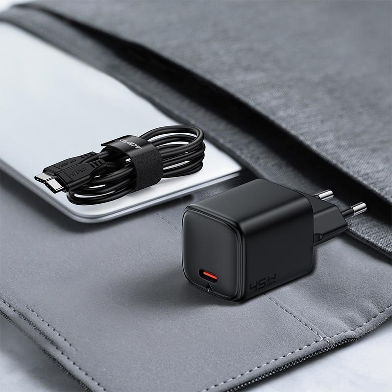 Адаптер мережевий ACEFAST mini GaN USB-C fast charger set with cable (P5) (EU) A119 |1Type-C, 45W, PD/QC/FCP/AFC, C to C 1.2m| black (6974316287797) Чорний на малюнкі №10