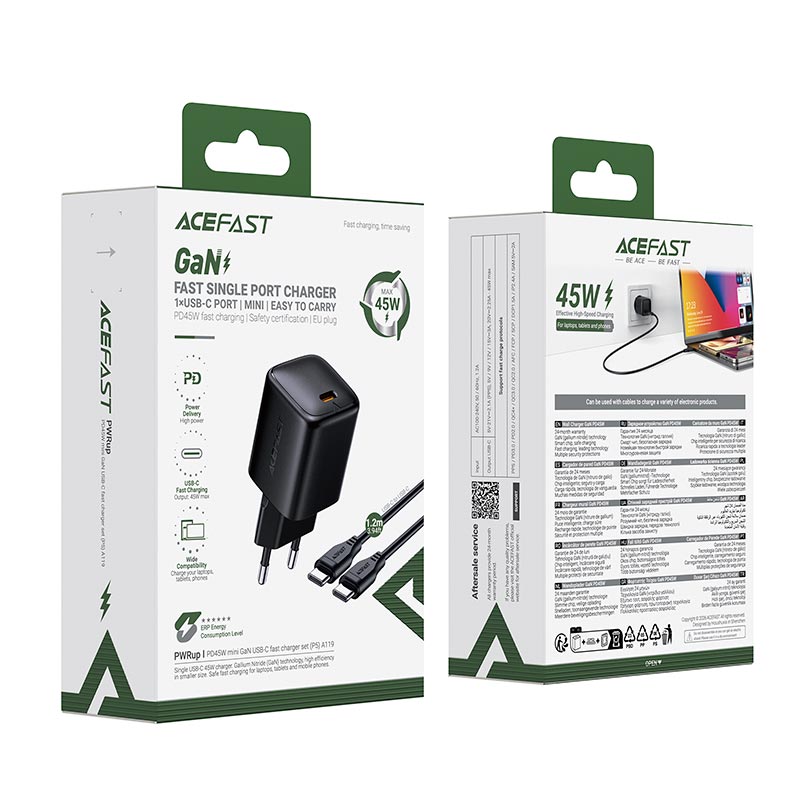 Адаптер мережевий ACEFAST mini GaN USB-C fast charger set with cable (P5) (EU) A119 |1Type-C, 45W, PD/QC/FCP/AFC, C to C 1.2m| black (6974316287797) Чорний на малюнкі №3