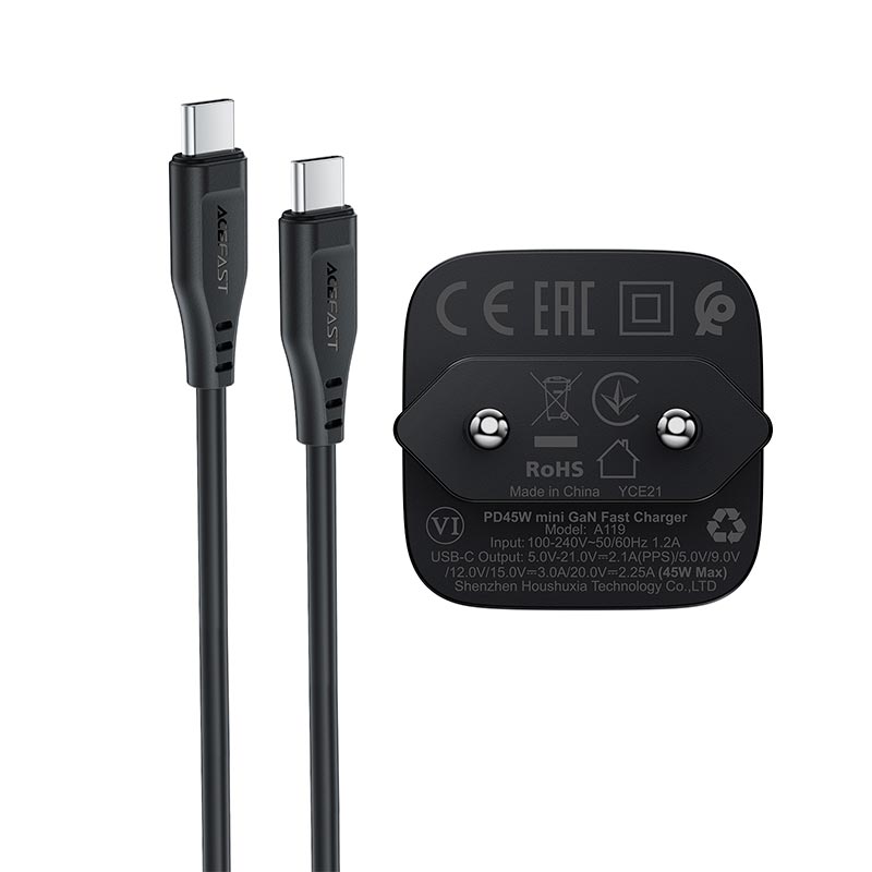 Адаптер мережевий ACEFAST mini GaN USB-C fast charger set with cable (P5) (EU) A119 |1Type-C, 45W, PD/QC/FCP/AFC, C to C 1.2m| black (6974316287797) Чорний на малюнкі №4