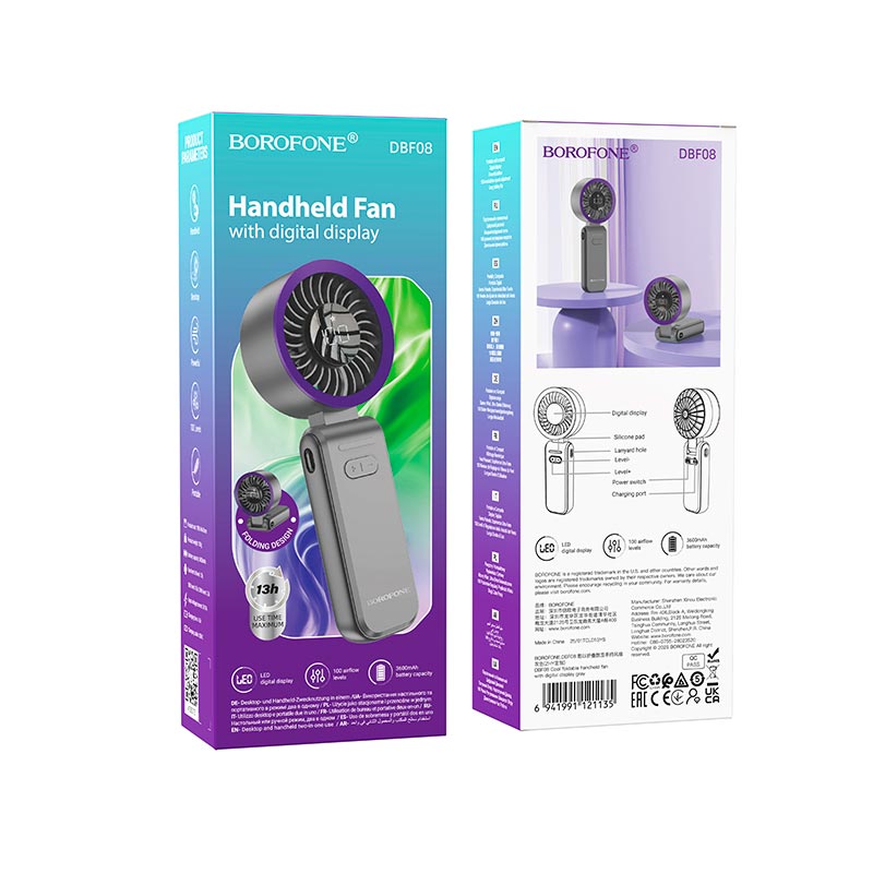 Вентилятор Borofone Cool foldable handheld fan with digital display DBF08 |3.5-13h| grey (694199121135) Серый на картинке №3