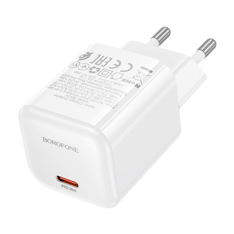 Адаптер мережевий BOROFONE Mini single port charger BN34 |1Type-C, PD30W/QC, 3A| white (6941991128349) Білий на малюнкі №5