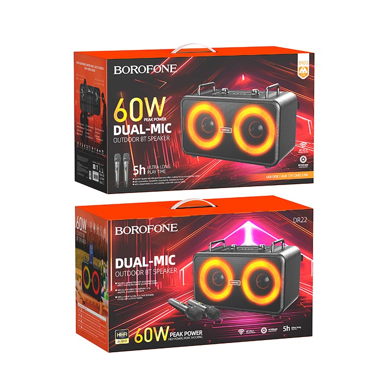 Акустика-караоке Borofone Present wireless dual-mic BT speaker DR22 |BT5.3, USB/AUX/TF/FM, 60W, 5h| black (17961) Чорний на малюнкі №3