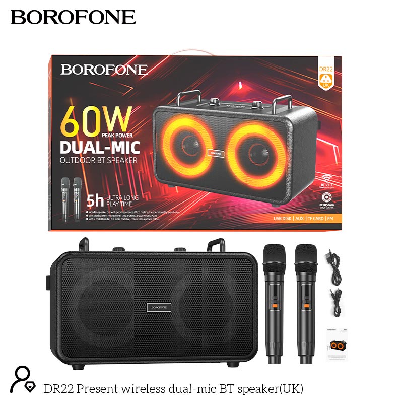 Акустика-караоке Borofone Present wireless dual-mic BT speaker DR22 |BT5.3, USB/AUX/TF/FM, 60W, 5h| black (17961) Чорний на малюнкі №8
