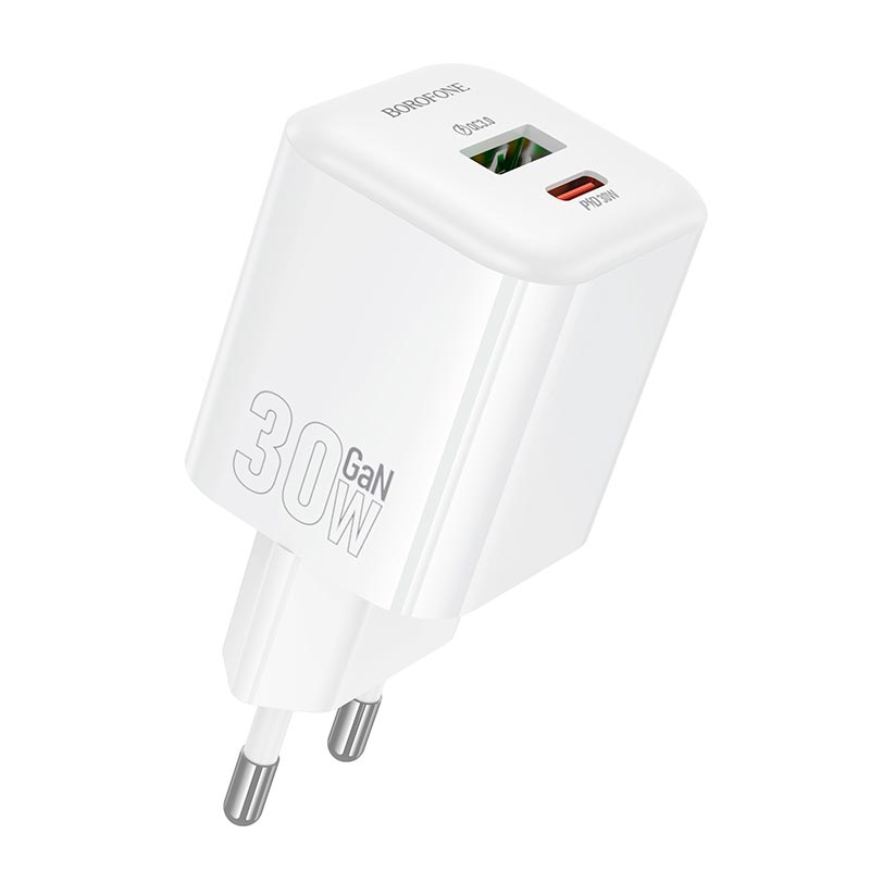 Адаптер сетевой BOROFONE Mini charger BN35 |1Type-C/1USB, PD30W/QC3.0, 3A| white (6941991128363) Белый на картинке №2