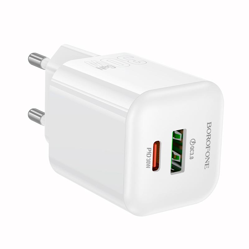 Адаптер сетевой BOROFONE Mini charger BN35 |1Type-C/1USB, PD30W/QC3.0, 3A| white (6941991128363) Белый на картинке №5