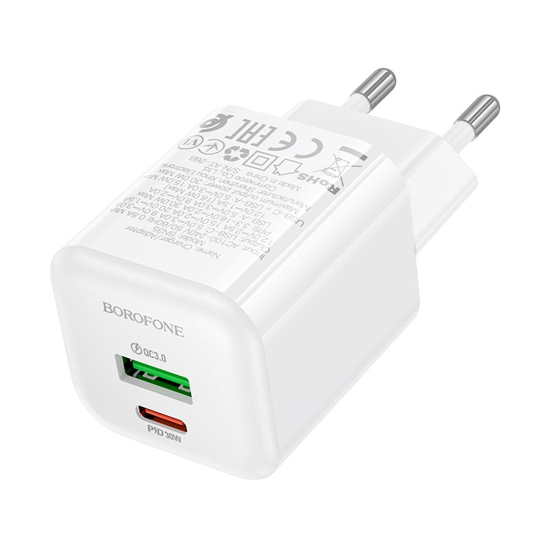 Адаптер сетевой BOROFONE Mini charger BN35 |1Type-C/1USB, PD30W/QC3.0, 3A| white (6941991128363) Белый на картинке №6