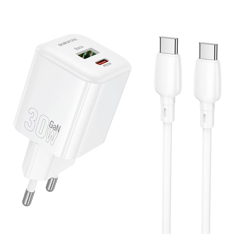Адаптер мережевий BOROFONE Mini charger set with cable BN35 |1Type-C/1USB, PD30W/QC3.0, 3A, C to C 1m| white (6941991128370) Білий на малюнкі №1