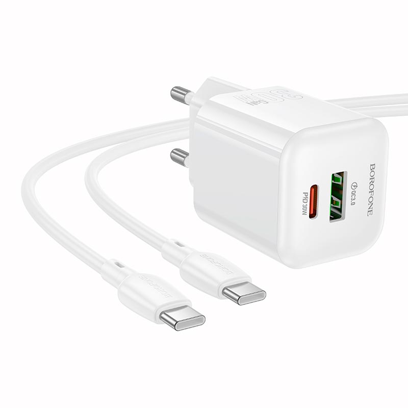 Адаптер мережевий BOROFONE Mini charger set with cable BN35 |1Type-C/1USB, PD30W/QC3.0, 3A, C to C 1m| white (6941991128370) Білий на малюнкі №4