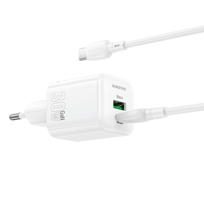 Адаптер мережевий BOROFONE Mini charger set with cable BN35 |1Type-C/1USB, PD30W/QC3.0, 3A, C to C 1m| white (6941991128370) Білий на малюнкі №5