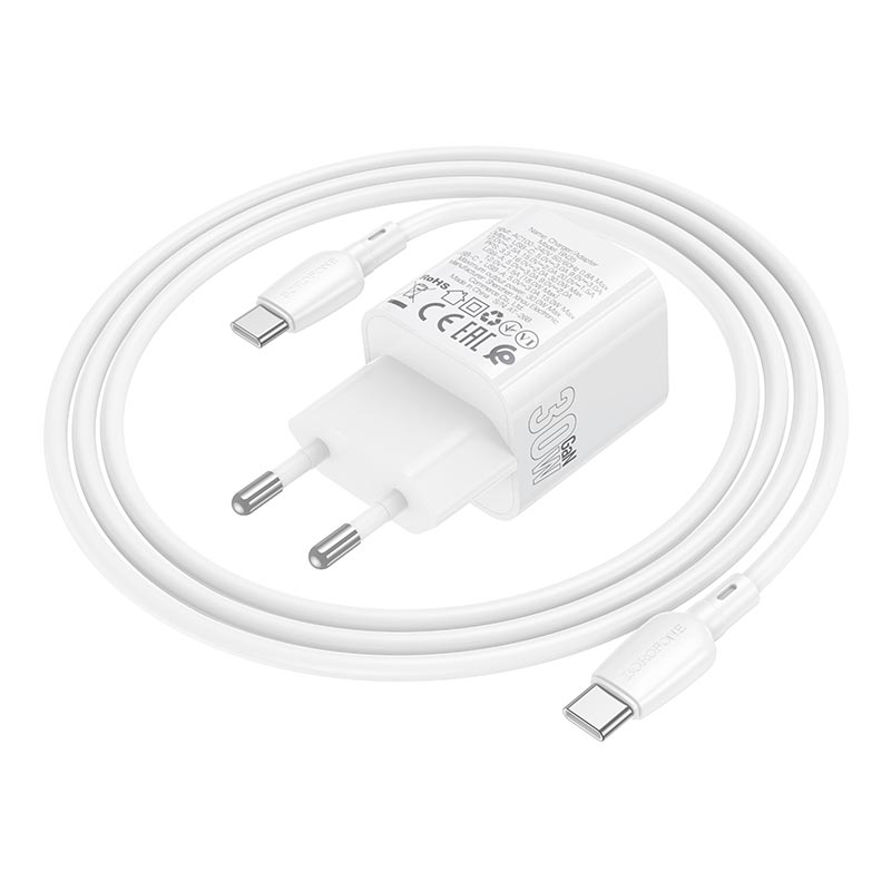 Адаптер мережевий BOROFONE Mini charger set with cable BN35 |1Type-C/1USB, PD30W/QC3.0, 3A, C to C 1m| white (6941991128370) Білий на малюнкі №6