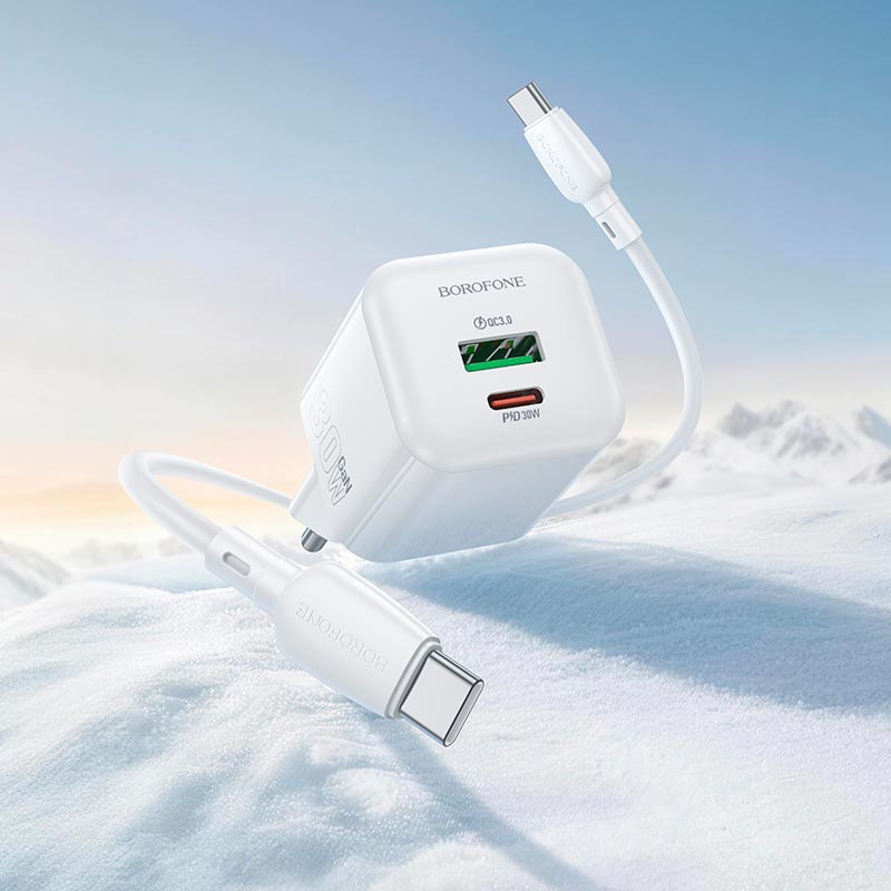 Адаптер мережевий BOROFONE Mini charger set with cable BN35 |1Type-C/1USB, PD30W/QC3.0, 3A, C to C 1m| white (6941991128370) Білий на малюнкі №7