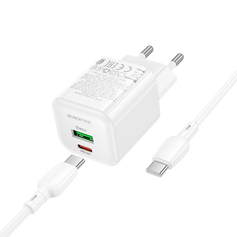 Адаптер мережевий BOROFONE Mini charger set with cable BN35 |1Type-C/1USB, PD30W/QC3.0, 3A, C to C 1m| white (6941991128370) Білий на малюнкі №9
