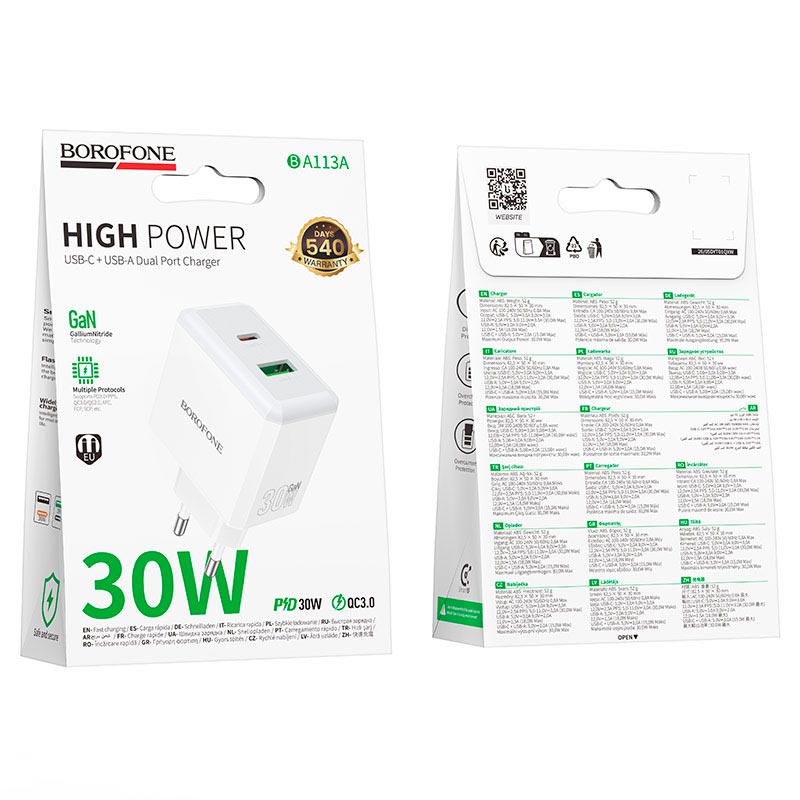 Адаптер сетевой BOROFONE Energy charger BA113A |1Type-C/1USB, PD30W/QC3.0, 3A| white (6941991129674) Белый на картинке №3