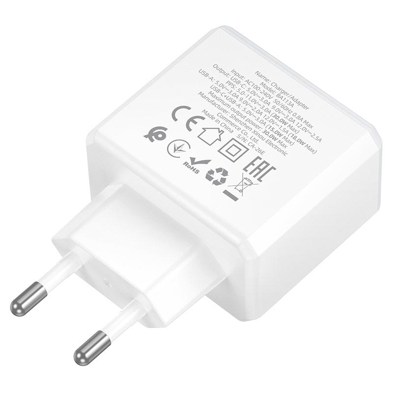 Адаптер сетевой BOROFONE Energy charger BA113A |1Type-C/1USB, PD30W/QC3.0, 3A| white (6941991129674) Белый на картинке №5