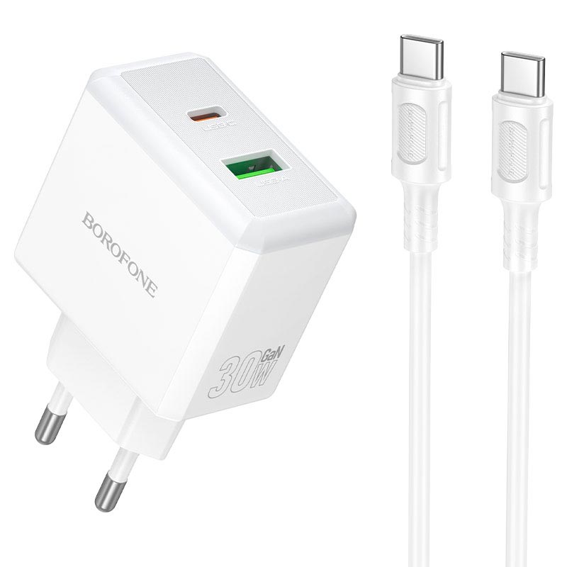 Адаптер мережевий BOROFONE Energy charger set with cable BA113A |1Type-C/1USB, PD30W/QC3.0, 3A, C to C 1m| white (6941991129681) Білий на малюнкі №1