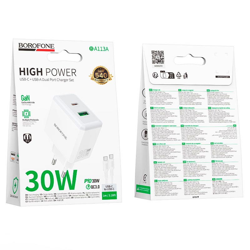 Адаптер мережевий BOROFONE Energy charger set with cable BA113A |1Type-C/1USB, PD30W/QC3.0, 3A, C to C 1m| white (6941991129681) Білий на малюнкі №3