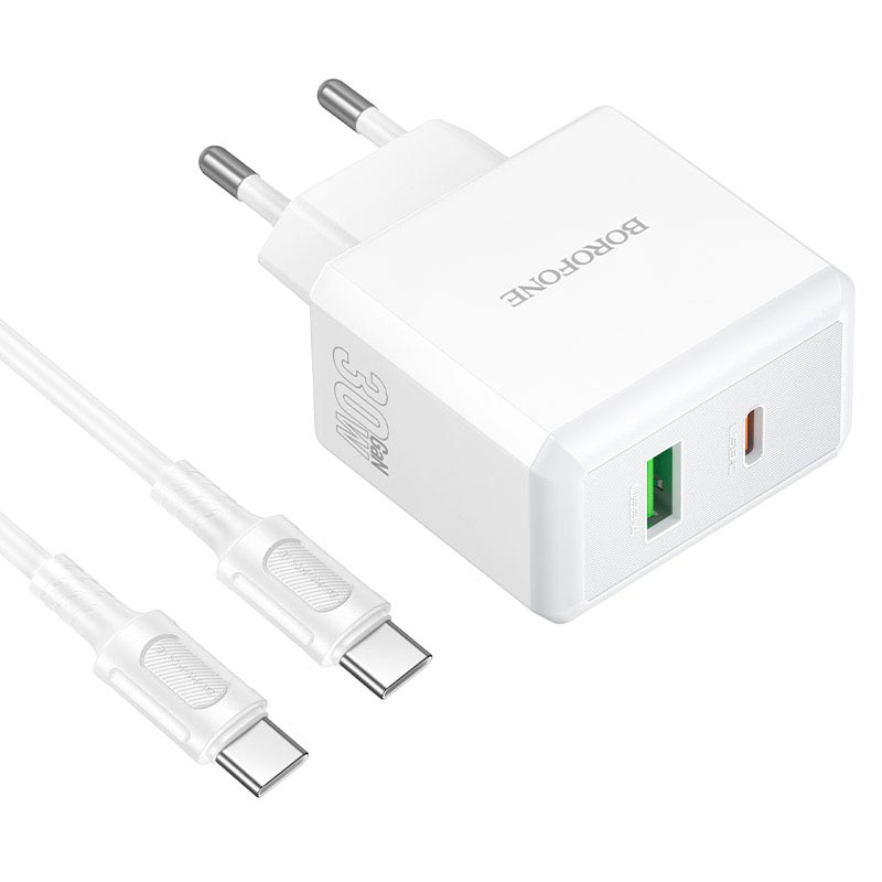 Адаптер мережевий BOROFONE Energy charger set with cable BA113A |1Type-C/1USB, PD30W/QC3.0, 3A, C to C 1m| white (6941991129681) Білий на малюнкі №4