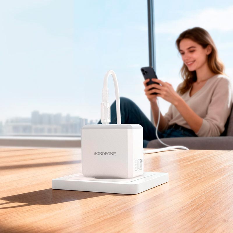 Адаптер мережевий BOROFONE Energy charger set with cable BA113A |1Type-C/1USB, PD30W/QC3.0, 3A, C to C 1m| white (6941991129681) Білий на малюнкі №5
