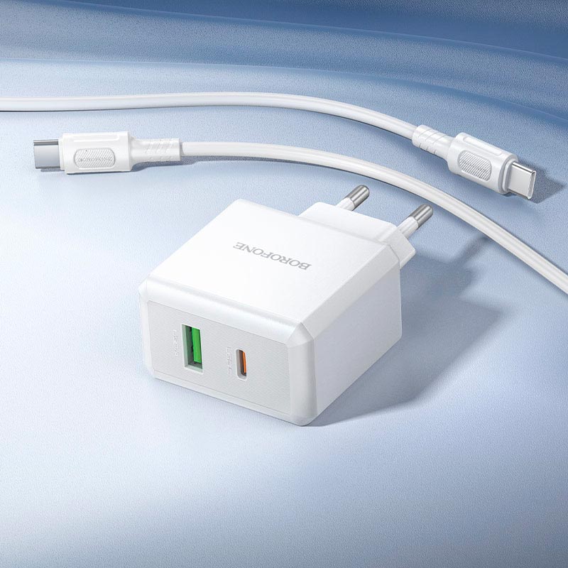 Адаптер мережевий BOROFONE Energy charger set with cable BA113A |1Type-C/1USB, PD30W/QC3.0, 3A, C to C 1m| white (6941991129681) Білий на малюнкі №6