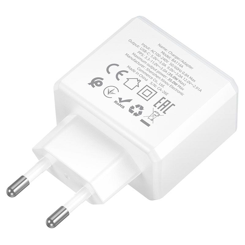 Адаптер мережевий BOROFONE Energy single port charger BA114A |1Type-C, PD35W/QC, 3A| white (6941991129698) Білий на малюнкі №4