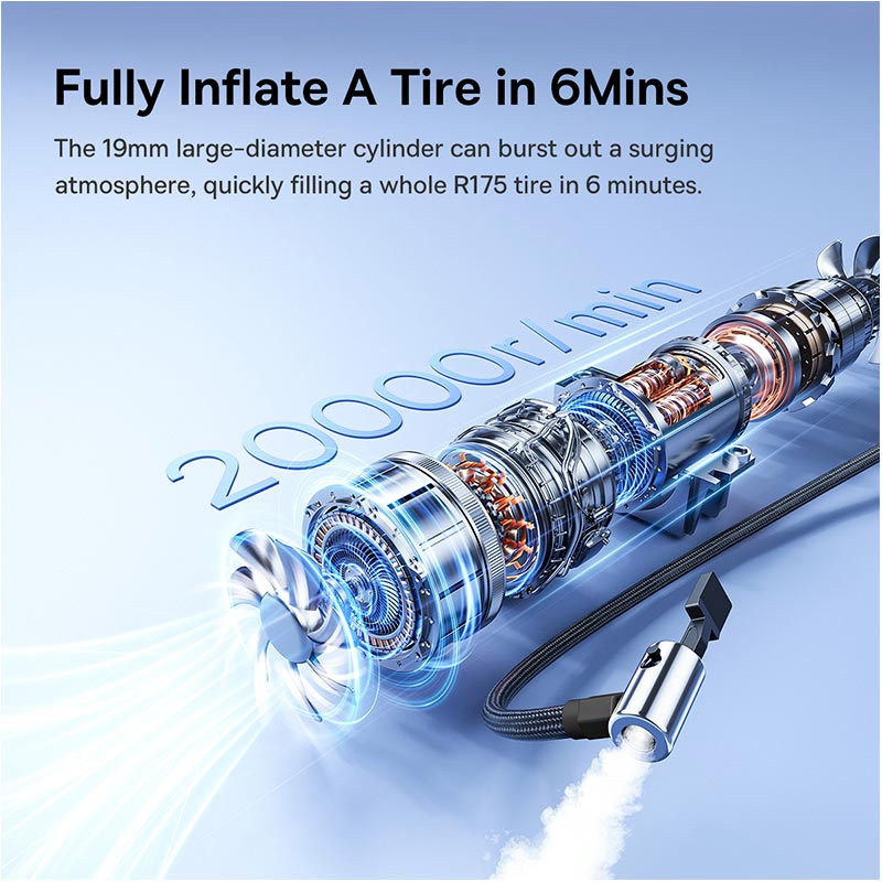 Портативный компрессор для автомобиля Baseus PrimeTrip VA1 Wired and Wireless 2-in-1 Tire Inflator |20000r/min, 75W| black (C11169001121-00) Черный на картинке №5