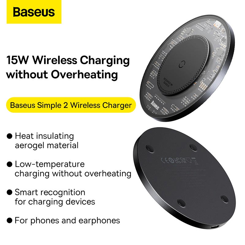 Зарядка Qi Baseus Simple 2 Wireless Charger 15W Cluster Black (Cable Type-C To Type-C 24W 12V/2A 1m) black (CCJJ050001) Черный на картинке №11