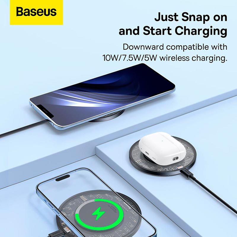 Зарядка Qi Baseus Simple 2 Wireless Charger 15W Cluster Black (Cable Type-C To Type-C 24W 12V/2A 1m) black (CCJJ050001) Черный на картинке №14