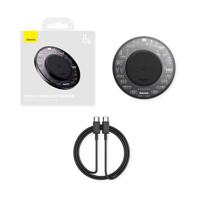 Зарядка Qi Baseus Simple 2 Wireless Charger 15W Cluster Black (Cable Type-C To Type-C 24W 12V/2A 1m) black (CCJJ050001) Черный на картинке №9