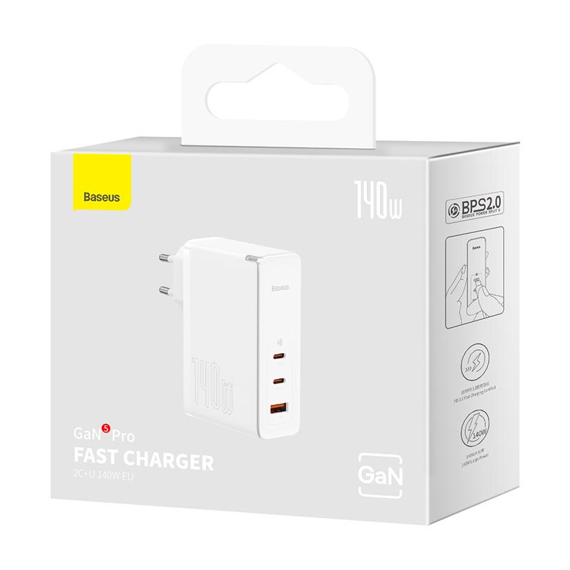 Адаптер мережевий Baseus Type-C to Typc-C cable GaN5 Pro Fast Charger |1USB/2Type-C, PD/QC, 140W/5A| white (CCGP100202) Білий на малюнкі №3