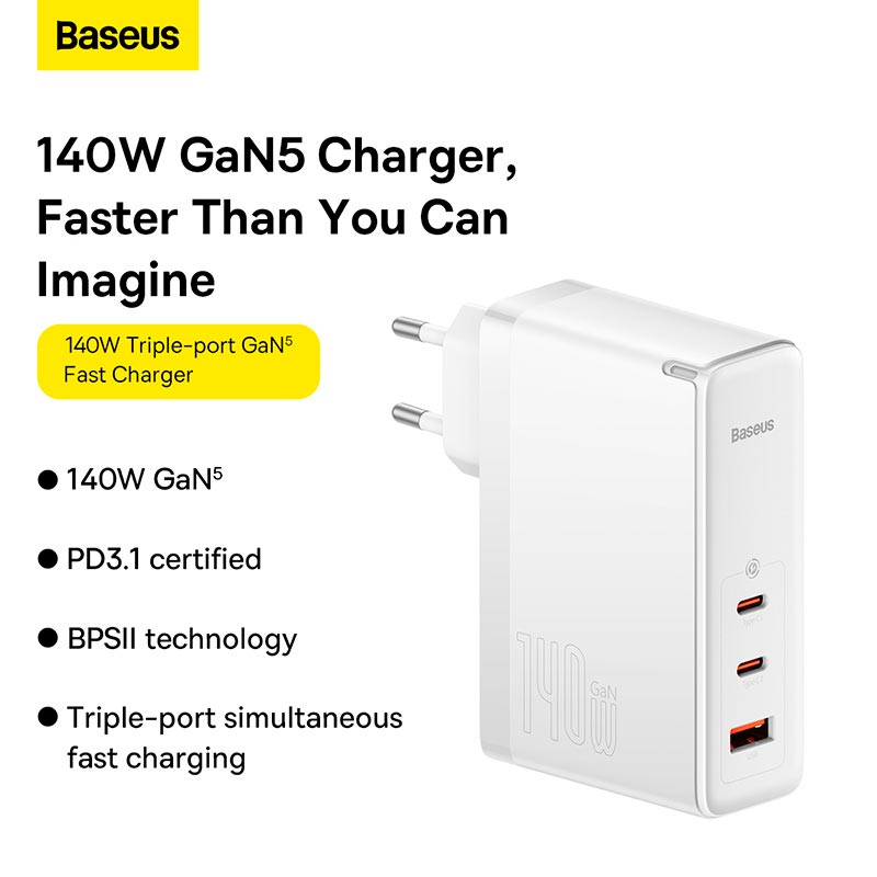 Адаптер мережевий Baseus Type-C to Typc-C cable GaN5 Pro Fast Charger |1USB/2Type-C, PD/QC, 140W/5A| white (CCGP100202) Білий на малюнкі №9