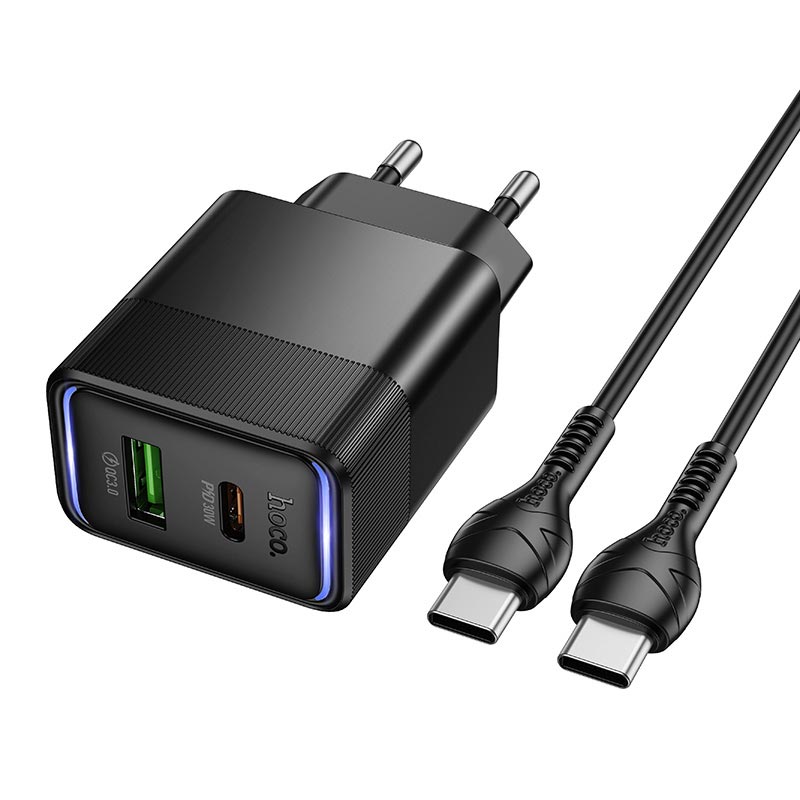 Адаптер сетевой HOCO Lounge C to C cable charger set CS112A |1A/1C, 30W/3A, PD/QC| black (6942007680400) Черный на картинке №1