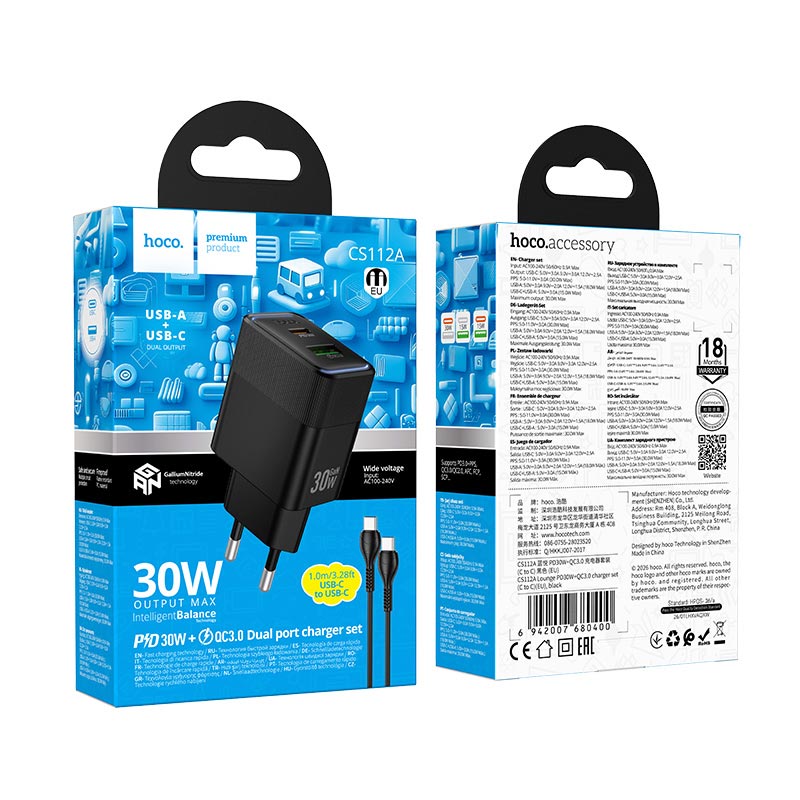 Адаптер сетевой HOCO Lounge C to C cable charger set CS112A |1A/1C, 30W/3A, PD/QC| black (6942007680400) Черный на картинке №3
