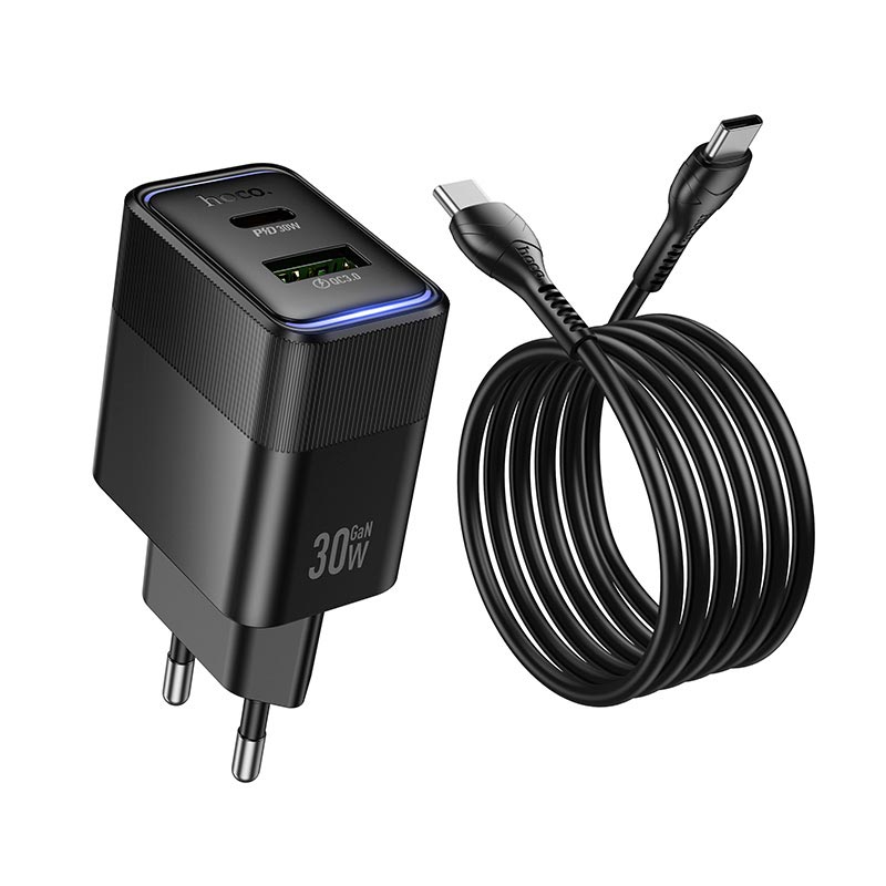 Адаптер сетевой HOCO Lounge C to C cable charger set CS112A |1A/1C, 30W/3A, PD/QC| black (6942007680400) Черный на картинке №5