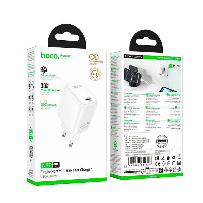 Адаптер сетевой HOCO Seguro single port charger N87 |1Type-C, PD30W/QC, 3A| white (6942007687300) Белый на картинке №3