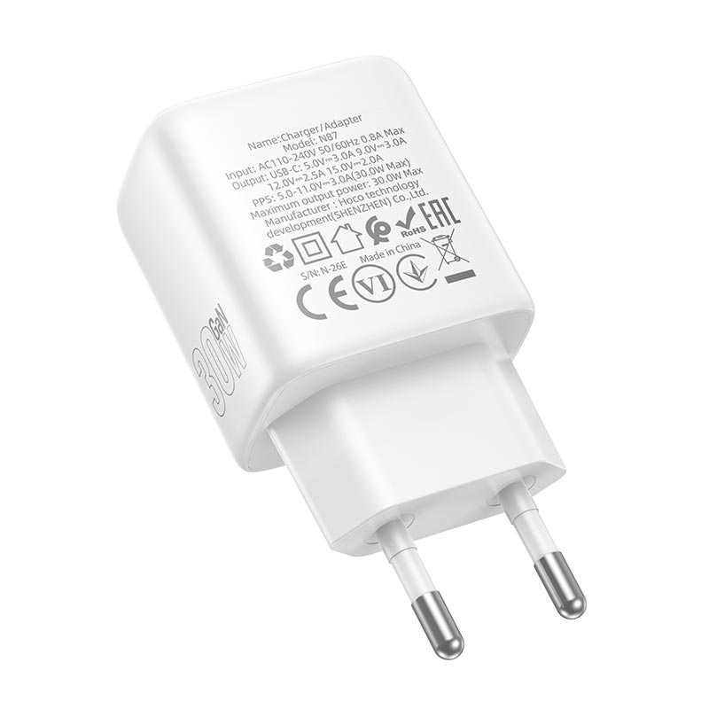 Адаптер сетевой HOCO Seguro single port charger N87 |1Type-C, PD30W/QC, 3A| white (6942007687300) Белый на картинке №7